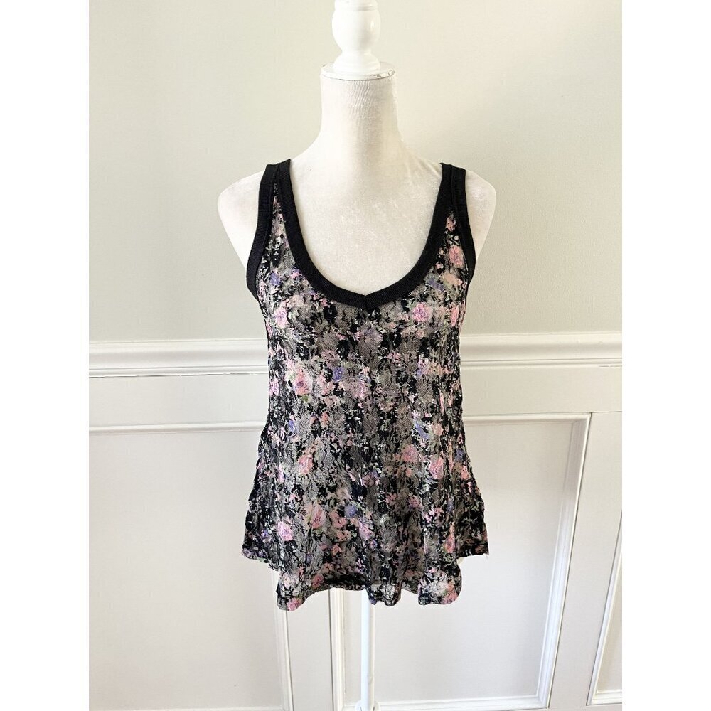 Daytrip M V-Neck Sheer Lace Floral Tank Top Black Pink EUC